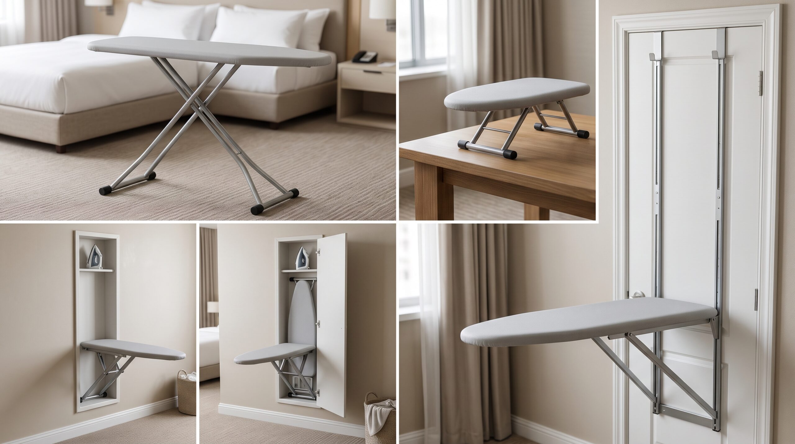 Standard, tabletop, wall-mounted, and over-the-door ironing boards