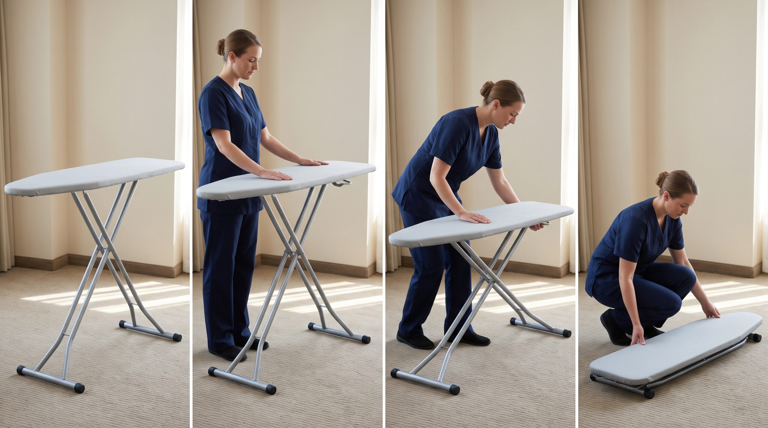 Four stages showing how to fold and close a standard ironing board
