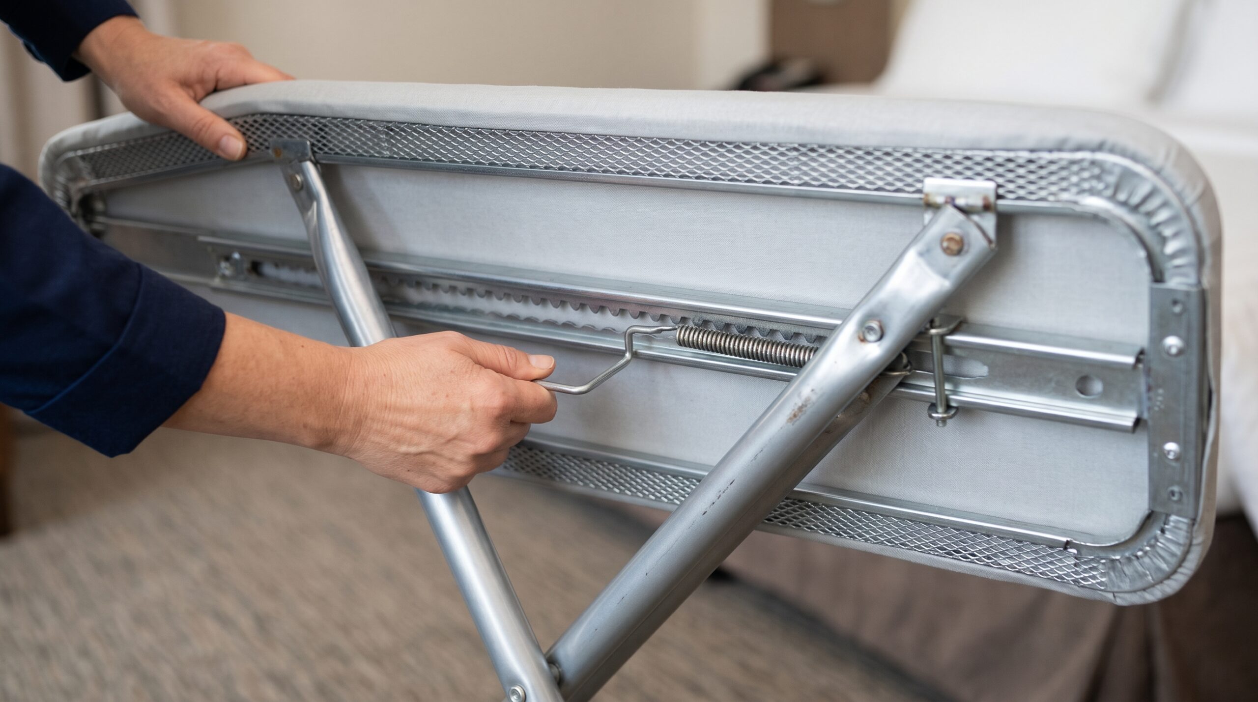 Close-up of the release lever underneath a folding ironing board