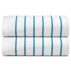 Two aqua blue pool towels stack on top of each other. 