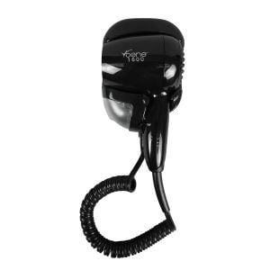 A black wall-mounted hair dryer with a night light. 