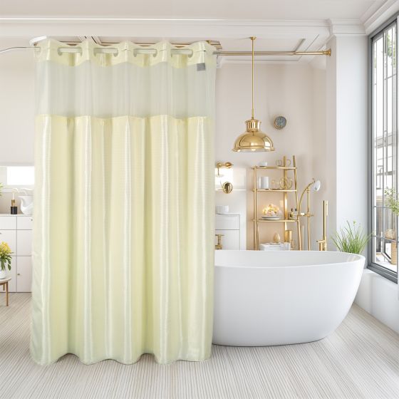 Shower Curtain With 12" Sheer Voile Window Beige