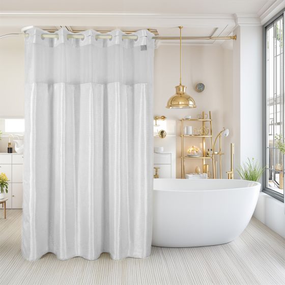 Shower Curtain With 12" Sheer Voile Window  White