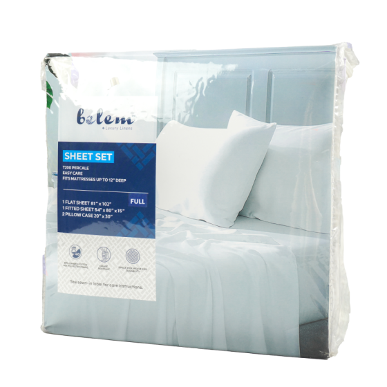 Belem Luxury Percale White Bed Sheet Set T-200 Full